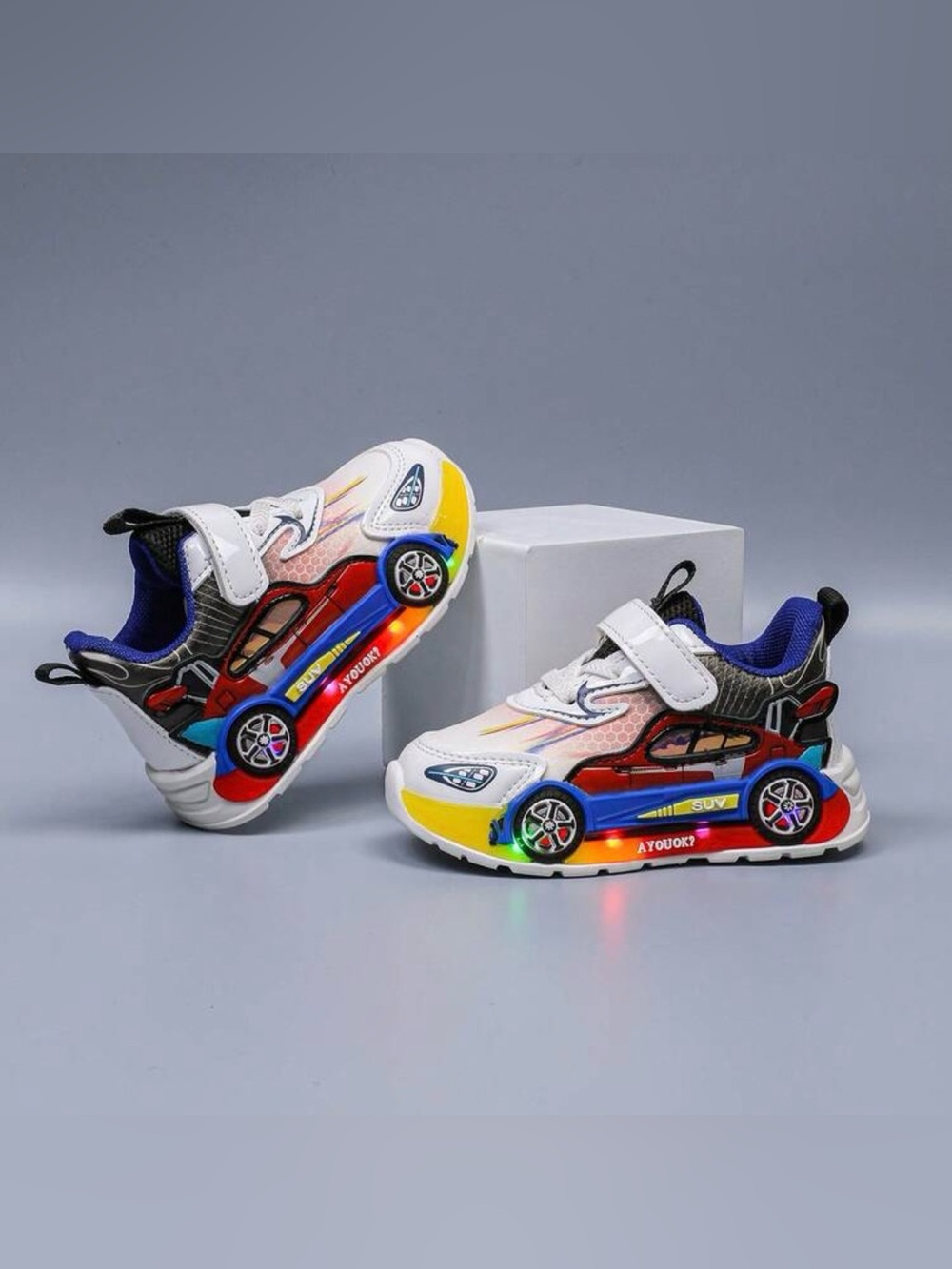 Kids Light-Up Race Car Sneakers in White, Red, Yellow & Blue
